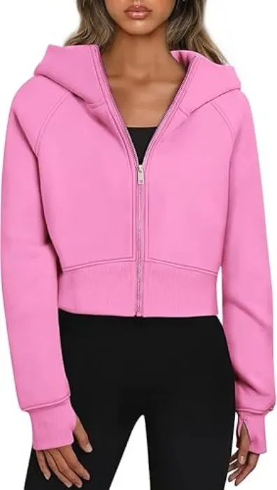 Oyamiki Women Baggy Zip Up Sweaters Cropped Hoodies Casual Long Sleeve Tops with Pockets Oversized Sweatshirts - Medium - Pink