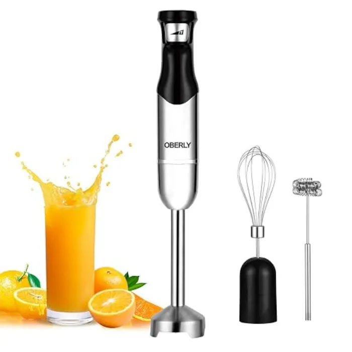 Immersion Hand Blender Electric, OBERLY 500W Heavy Duty 3-in-1 Handheld Stick Mixer, Smart Stepless, Stainless Steel Blade with Milk Frother, Egg Whisk for Coffee Foam, Smoothies and Puree - Black