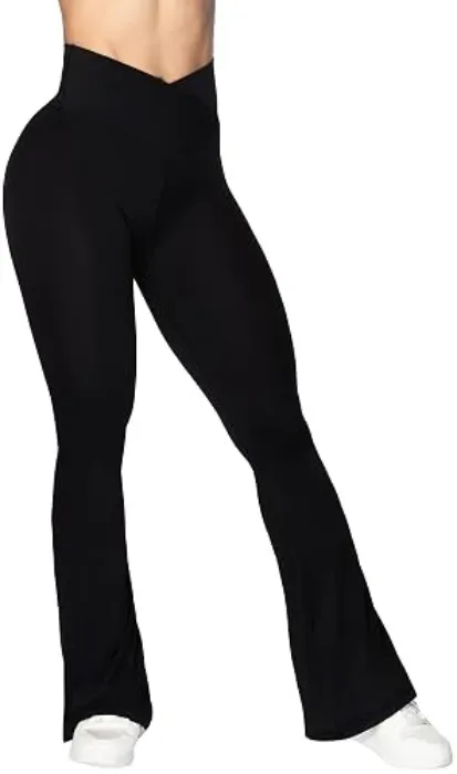 Sunzel Flare Leggings for Women with Pockets, Crossover Yoga Pants with Tummy Control, High Waisted and Wide Leg | 25-Inch Inseam, High Waisted, Tummy Control, Butt Lifting, Hidden Scrunch, Seamless Construction, For Yoga Gym Workouts - Medium - 30 In_no Side Pockets_black