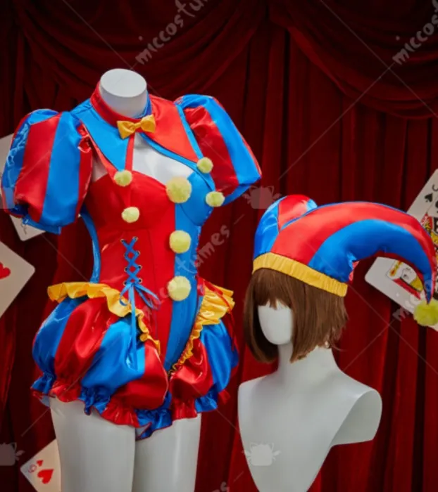 TADC Clown Girl Derivative Sexy Cosplay Costume Blue and Red Color-blocked Bodysuit and Jacket with Hat and Gloves