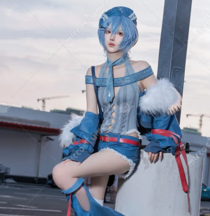 Rei Streetwear Anime Girl Figure Version Cosplay Costume Bodysuit and Denim Shorts with Jacket and Hat