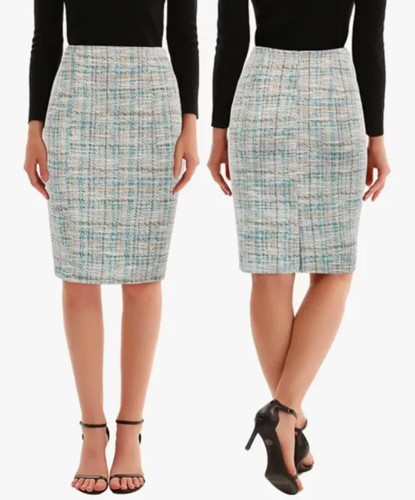 Kate Kasin Womens Knee Length Elastic Waist Stretchy Bodycon Business Tweed Pencil Skirt - Small - Gray