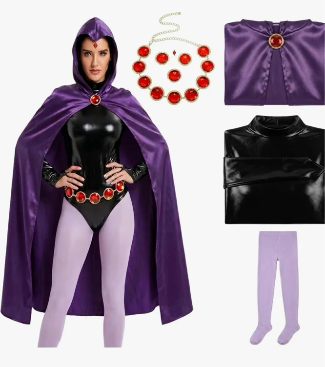 Raven Costume for Women, Purple Cape, Bodysuit, Belt, Tights
