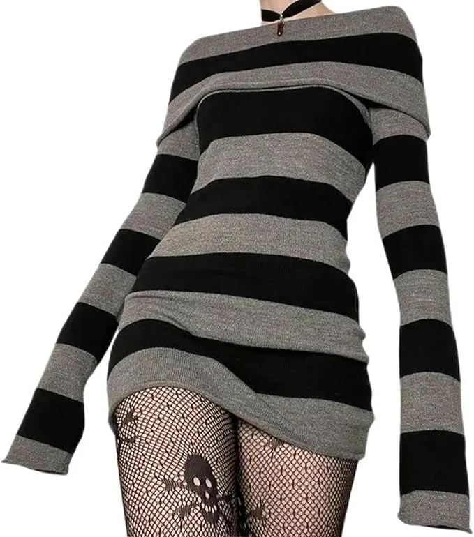 AYAZER Y2K Sweter w paski Minisukienka Mall Goth Grunge Emo Bodycon Chic Damska Z odkrytymi ramionami Pełne rękawy Slim Fit Sukienka 00er Vintage, czarny, m : Amazon.pl: Moda