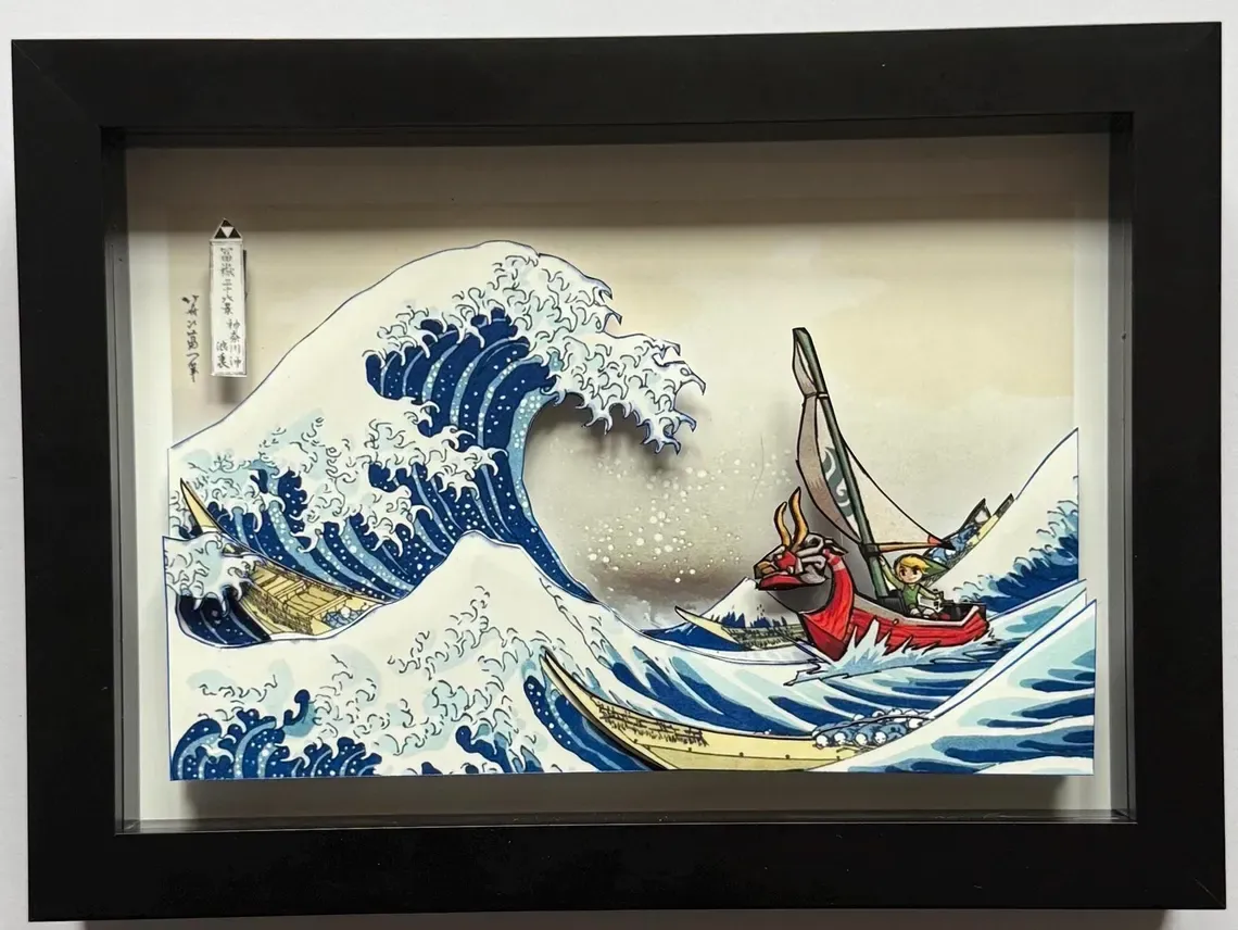 Zelda Great Wave 3D Shadow Box Art - Kanagawa Hyrule Wind Waker Inspired Decor