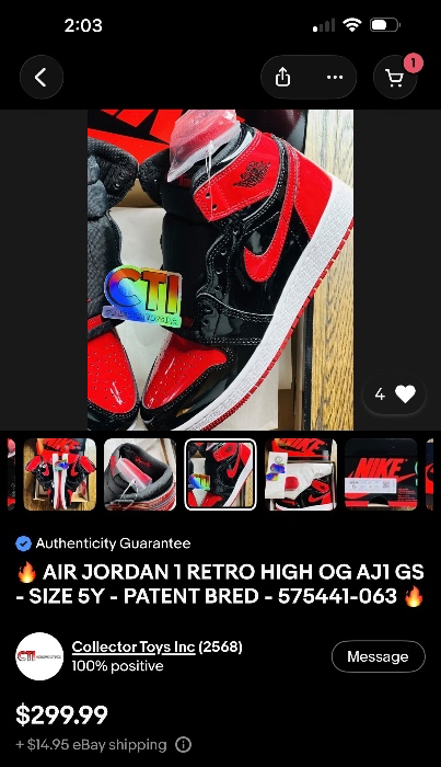 🔥 AIR JORDAN 1 RETRO HIGH OG AJ1 GS - SIZE 5Y - PATENT BRED - 