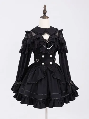 ༺𝓜𝓮𝓻𝓻𝔂༻༺𝓒𝓱𝓻𝓲𝓼𝓽𝓶𝓪𝓼༻ 🎄🤍 Devil Inspired Black Lace Patched Shoulders Peter Pan Collar Long Sleeves Shirt +Jirai Kei High Waist Black Flounce Skirt