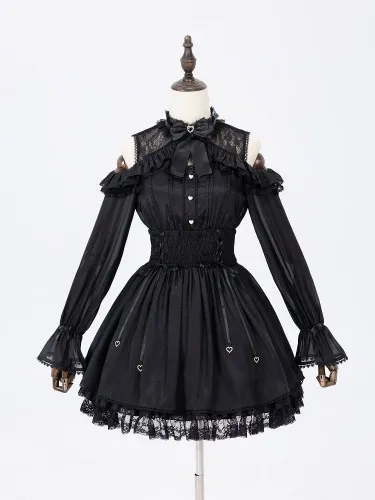 All Black Open Shoulders Jirai Kei-inspired Lolita Smocked Elastic Waist Dress