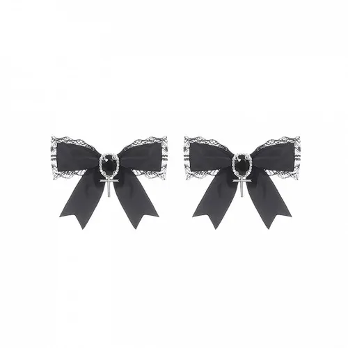 ༺𝓜𝓮𝓻𝓻𝔂༻༺𝓒𝓱𝓻𝓲𝓼𝓽𝓶𝓪𝓼༻ 🎄🤍 Black Lace Trimmed Bow Hairclips with Rhinestone & Cross Charm