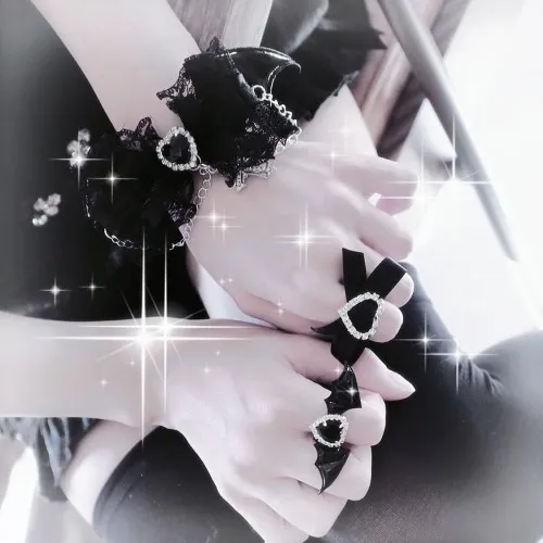 Black/White Jirai Kei Devil Wings Cross and Heart Rhinestones Adorned Bowknot PU Bracelet with Rings Set