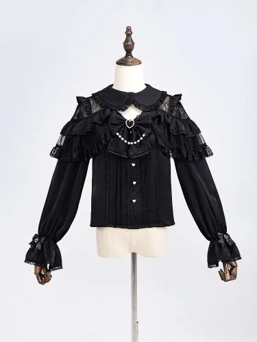 Devil Inspired Black Lace Patched Shoulders Peter Pan Collar Long Sleeves Shirt
