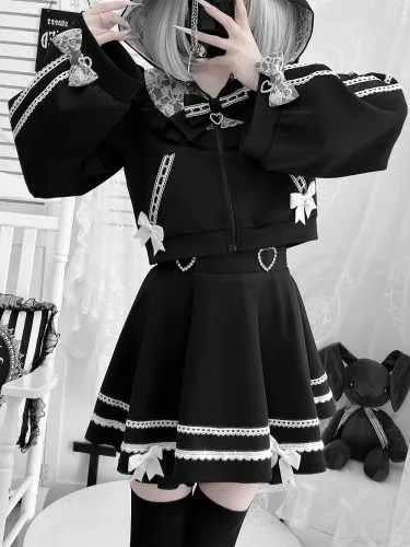 ༺𝓜𝓮𝓻𝓻𝔂༻༺𝓒𝓱𝓻𝓲𝓼𝓽𝓶𝓪𝓼༻ 🎄🤍 Sports Set - Black Cat Ear Hooded Zip-Up Jacket with White Lace Trim + Matching Skirt