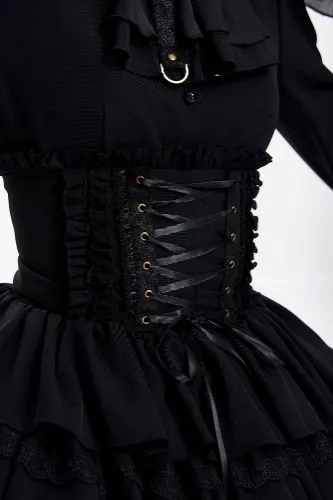 Adjustable Lace-Up Super High Waist Black Skirt with Layered Lace Detailing