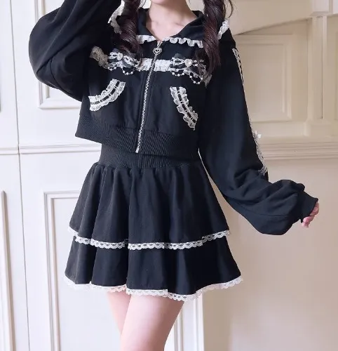 Comfy Roomwear Set: Zip-up Hoodie/ Tiered Skirt/