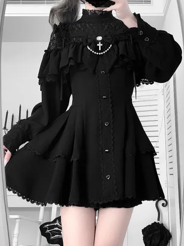 ༺𝓜𝓮𝓻𝓻𝔂༻༺𝓒𝓱𝓻𝓲𝓼𝓽𝓶𝓪𝓼༻ 🎄🤍 Black Jirai Kei Coord Set: Illusion Cross-Strap Neckline Dress and Matching Shorts