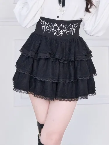 ༺𝓜𝓮𝓻𝓻𝔂༻༺𝓒𝓱𝓻𝓲𝓼𝓽𝓶𝓪𝓼༻ 🎄🤍 Black Tiered Lace Skirt with Cross and Heart Embroidery