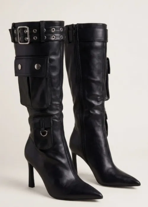 Stiletto Buckle Cargo Mid Calf Boots