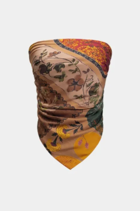 Retro Print Satin Tie-Up Tube Top