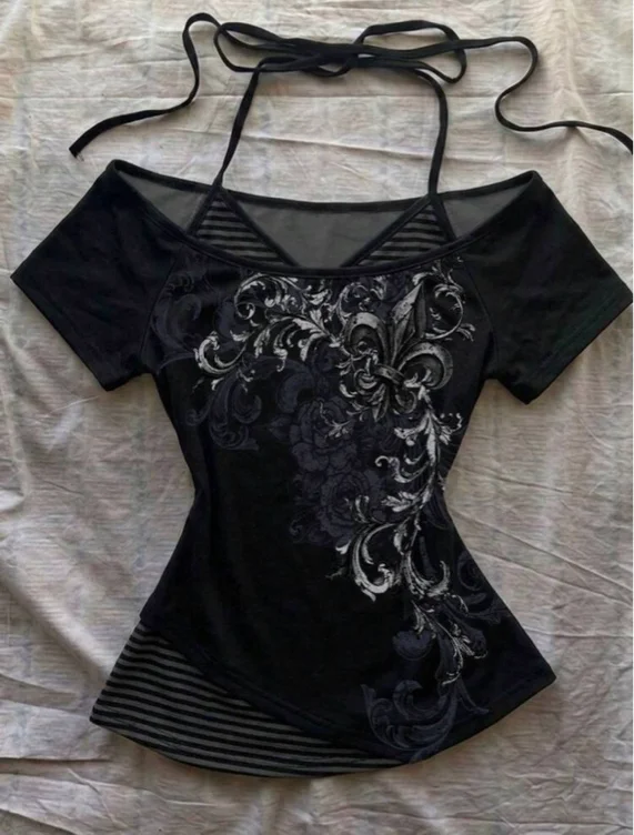 Casual minimalist style black & grey streetwear scroll work women’s shirt 