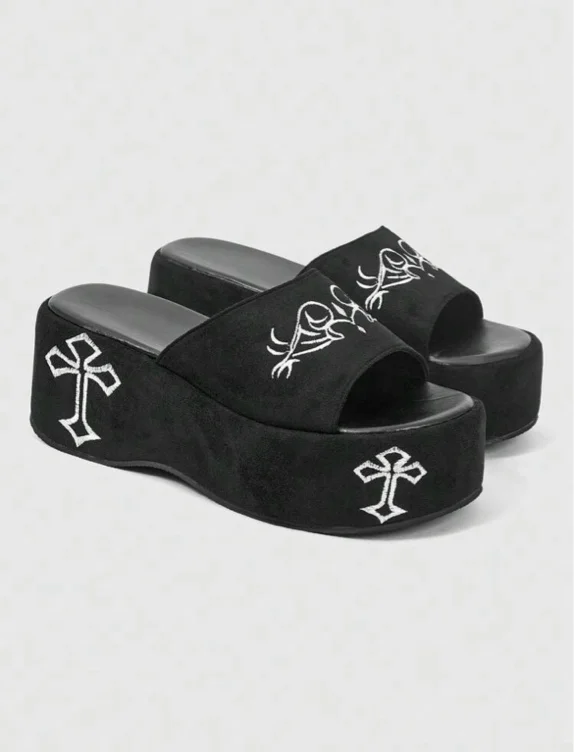 Women’s slope heel platforms sandals dark rock punk goth open summer shoes 
