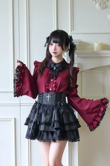 Red and Black Blouse and Skirt Set