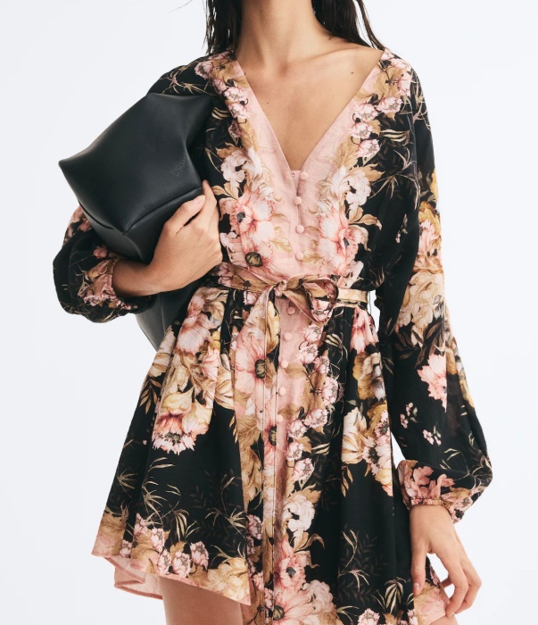 Tie-belt tunic dress - Light beige/Floral