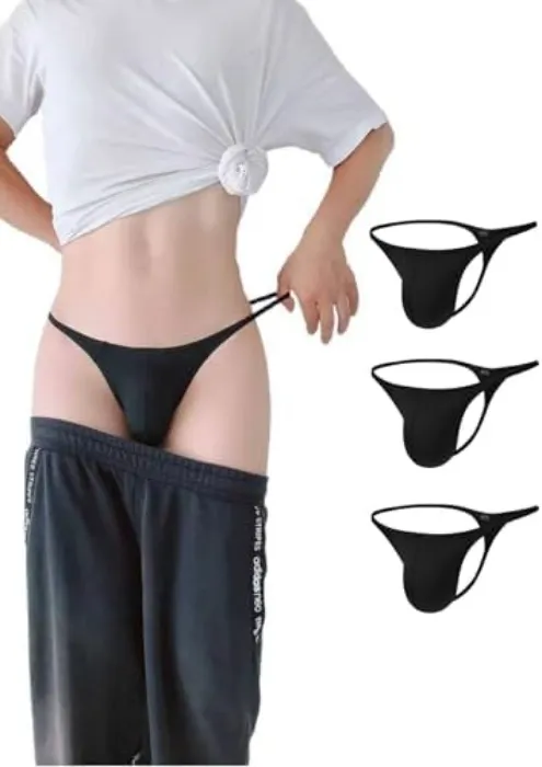 KUKUMOOD Men's Nylon Thongs Seamless T-Back Sexy Low Rise Briefs Thong Bulge Underwear Black, Black/Black/Black, L : Amazon.ie: Fashion