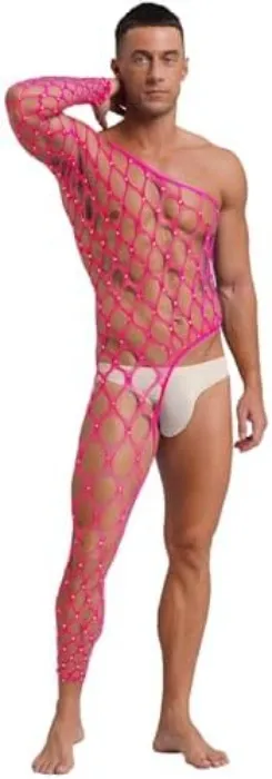 CHICTRY Men's Fishnet Stockings Sheer Mesh Bodysuit Tights Full Body Leotard Jumpsuit Nightwear Hot Pink One Size : Amazon.ie: Fashion