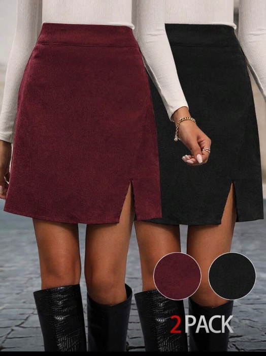 EMERY ROSE Casual Minimalist Solid Color Split Hem Skirt For Autumn/Winter