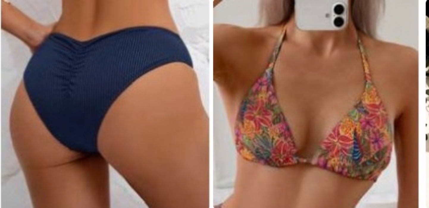 Tropical Plant pattern top and Navy Bikini bottoms