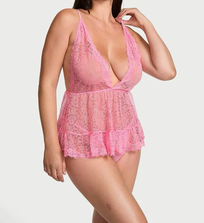 Tease Lace Plunge Babydoll Set