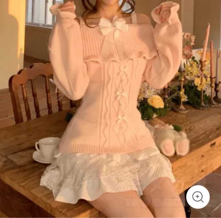 Bow Knit Off-Shoulder Sweater with Skirt Two Pieces Set