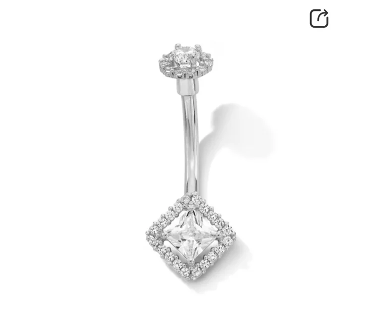 10K Solid White Gold CZ Princess-Cut Frame Belly Button Ring - 14G 3/8" | Banter