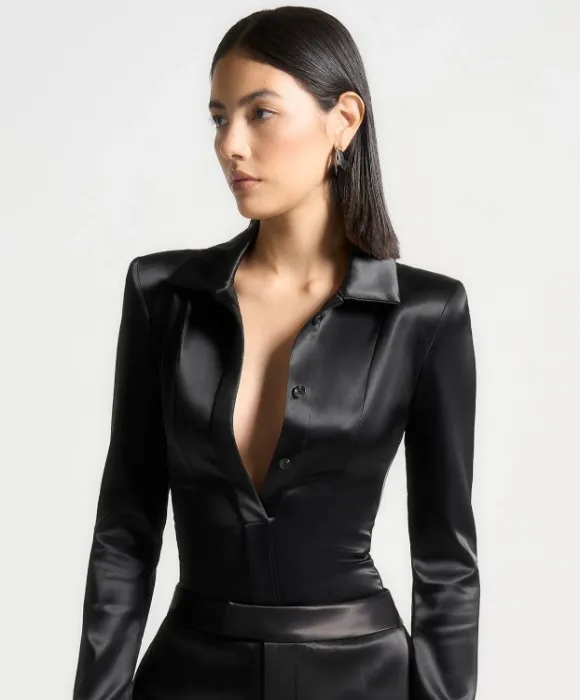 Wide Shoulder Satin Shirt Bodysuit - Black 