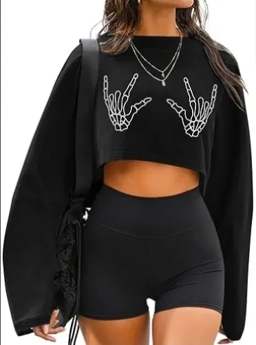 Remidoo Women's Casual Cropped Sweatshirt Long Sleeve Crop Top Crewneck Pullover Shirt - X-Large - Hand Black