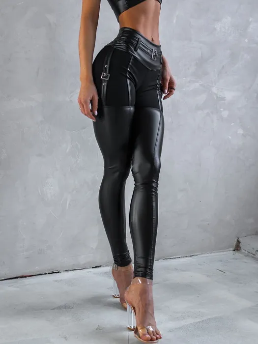 Female PU Glossy Cross Twist Metal Buttons Hip-lift Leggings