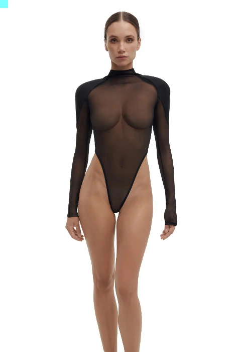 Sheer Mesh Bodysuit with Structured Shoulders SHADE