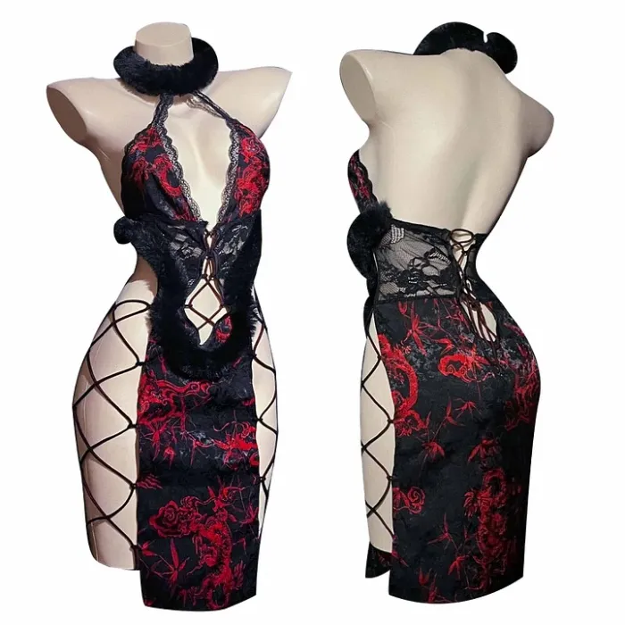Ancient Style Plush Halter Neck Straps Cheongsam Uniform