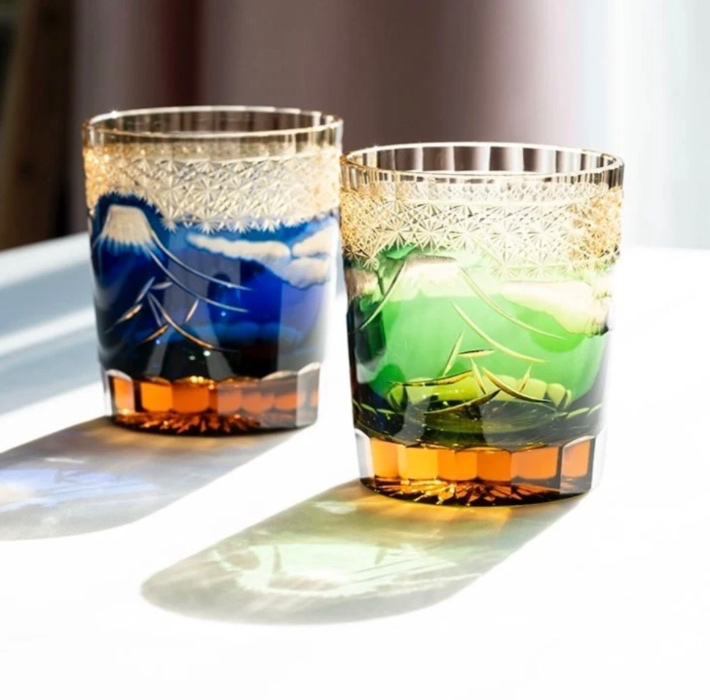 Edo Kiriko Hand-Carved Mount Fuji Whiskey Glass | Blue