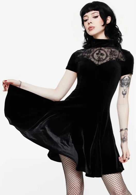 Cameo High Neck Flocked Mesh Insert Skater Mini Dress