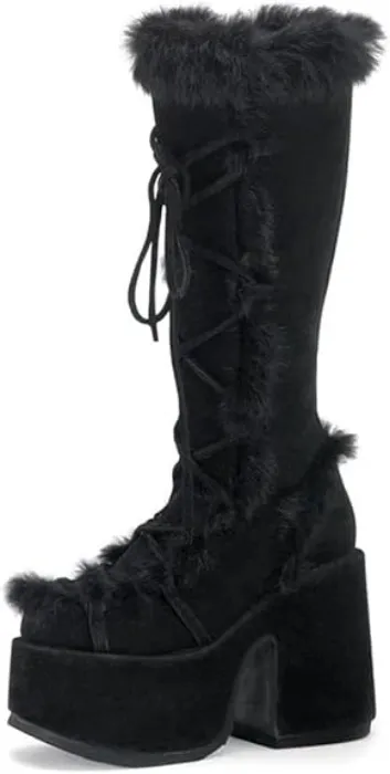 Black Gothic Platform Knee High Boots Faux Fur Block Heel Winter Shoes
