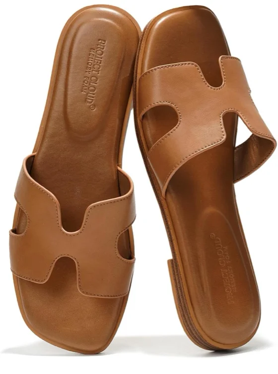 Project Cloud 100% Genuine Leather Sandals for Women 2026 - Fashion Flat Womens Sandals with Memory Foam Insole Slides Sandals Women Footwear - Mules Women's Sandals (Jannel) - 9 - Cognac