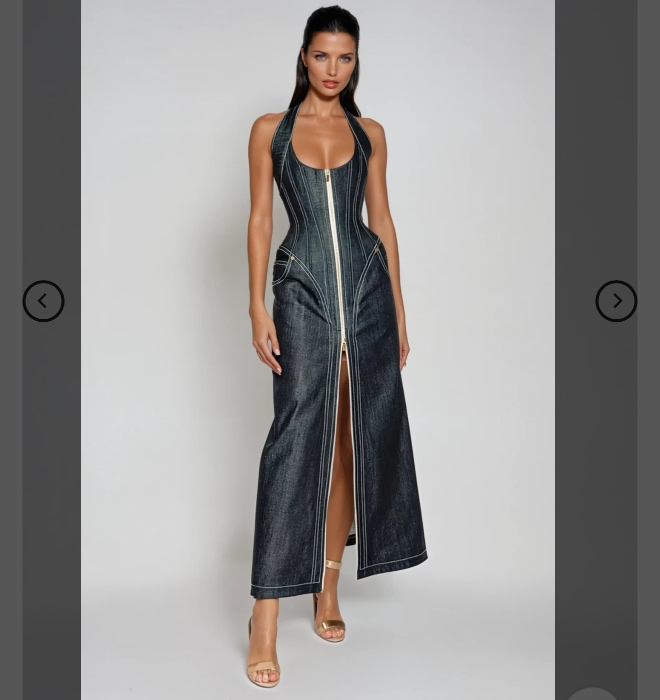 Cirillo Halter Neck Corset Denim Maxi Dress | M