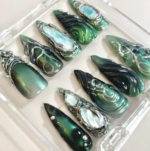 Emerald Green Press-On Nails: Silver Chrome Pearl Fairycore Nail Art