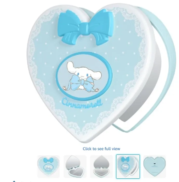 Impressions Vanity Cinnamoroll Lovely Ribbon LED Heart Compact Mirror with Artwork, Makeup Mirror with Bow Applique, 3X Top Magnified Mirror, Adjustable Tri Tone LED Brightness with Touch Control