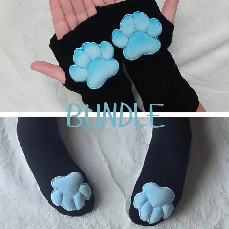Paw Pad Socks and Gloves Bundle Black with Blue Plush Paws