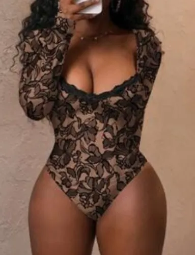 Floral Lace Bodysuit, Lace Trim, Sheer Body