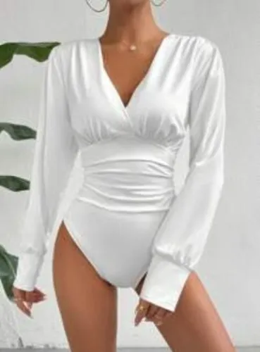 White Satin Ruched Bodysuit
