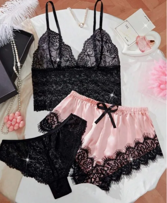 3 Piece Lace and Satin Bustier and Bottoms Set