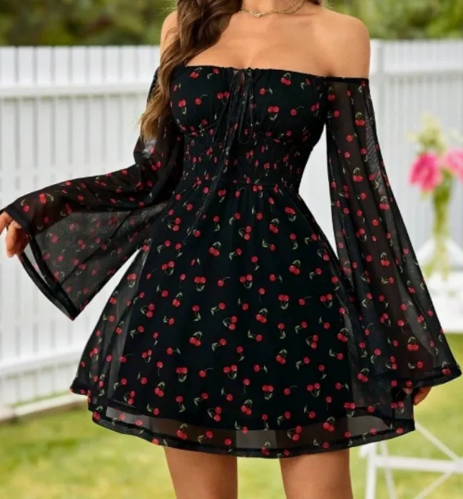 Off Shoulder Cherry Print Dress